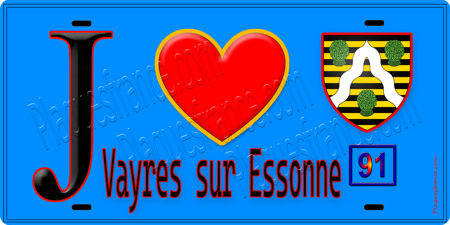 Plaque métal décorative J' ❤️Vayres-sur-Essonne, Essonne (91) fond bleu
