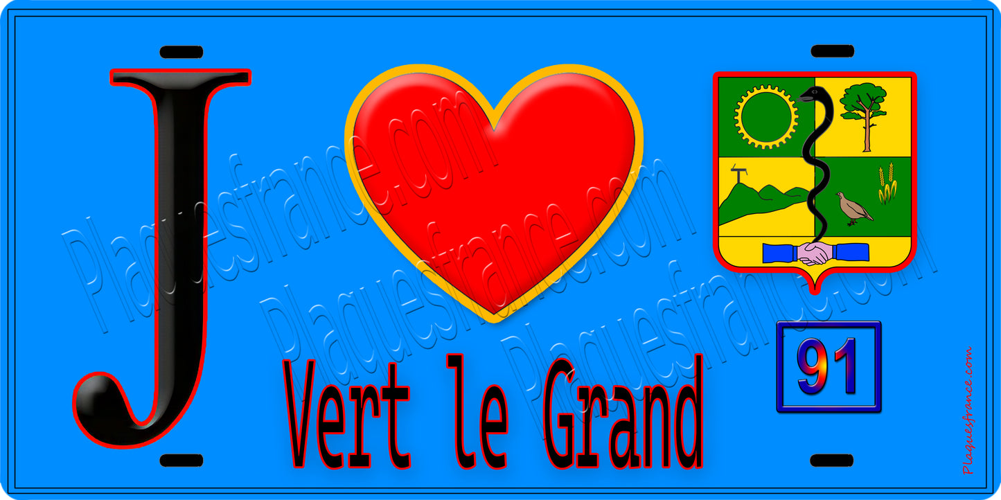 Plaque métal décorative J' ❤️Vert-le-Grand, Essonne (91) fond carte