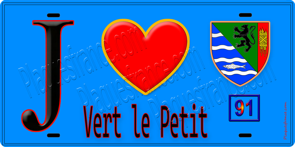 Plaque métal décorative J' ❤️Vert-le-Petit, Essonne (91) fond bleu