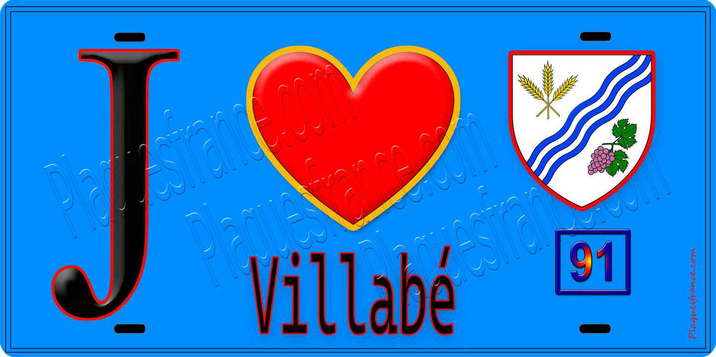 Plaque métal décorative J' ❤️Villabé, Essonne (91) fond bleu