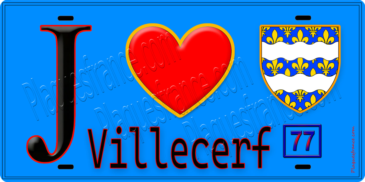Plaque métal décorative J' ❤️Villecerf, Seine et Marne (77) fond bleu