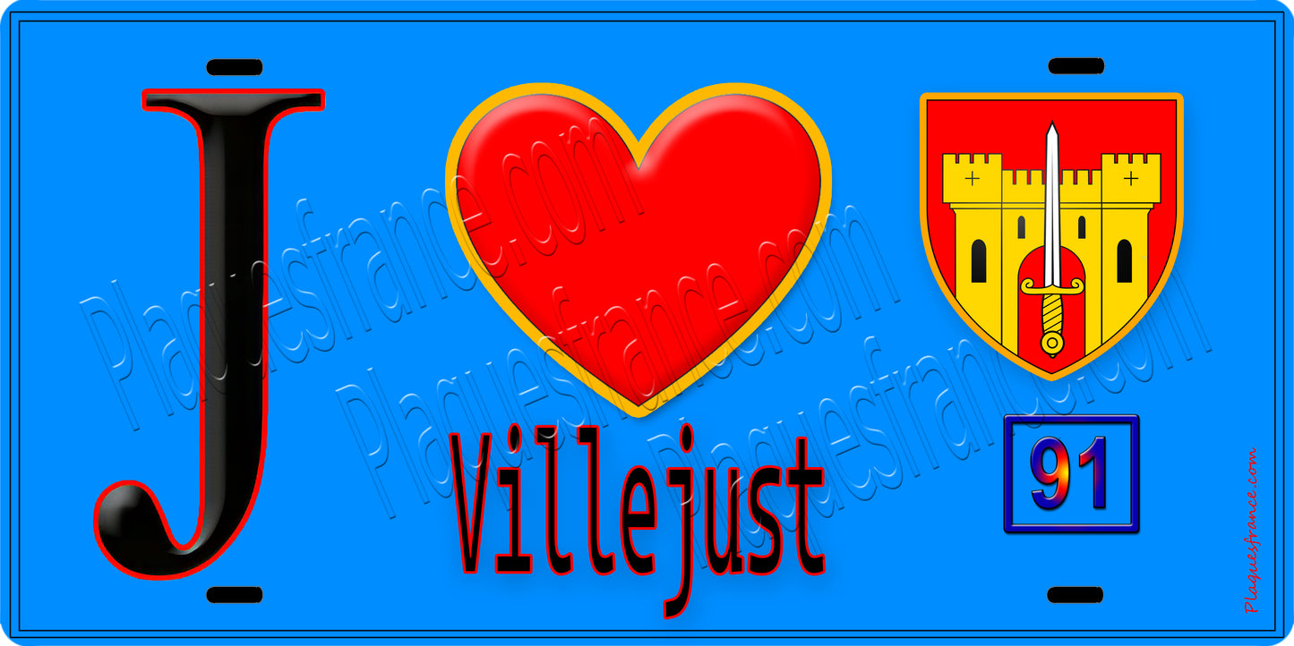 Plaque métal décorative J' ❤️Villejust, Essonne (91) fond bleu