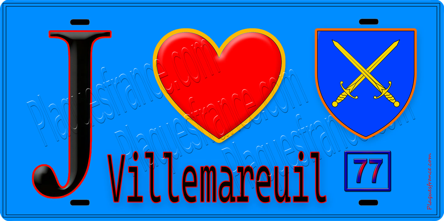 Plaque métal décorative J' ❤️Villemareuil, Seine et Marne (77) fond bleu