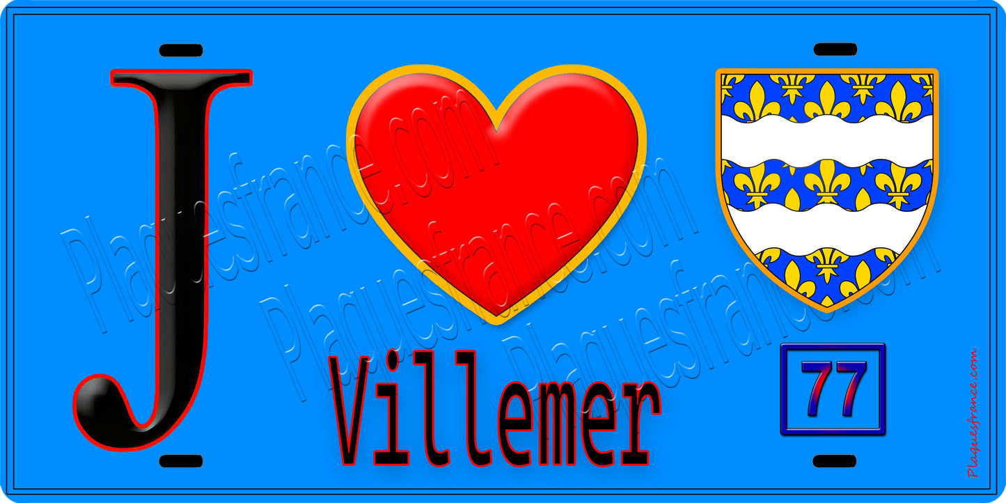Plaque métal décorative J' ❤️Villemer, Seine et Marne (77) fond bleu