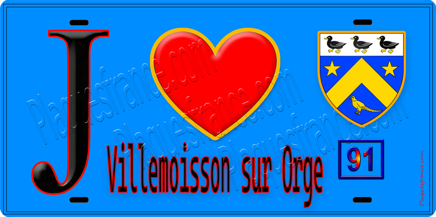 Plaque métal décorative J' ❤️Villemoisson-sur-Orge, Essonne (91) fond bleu