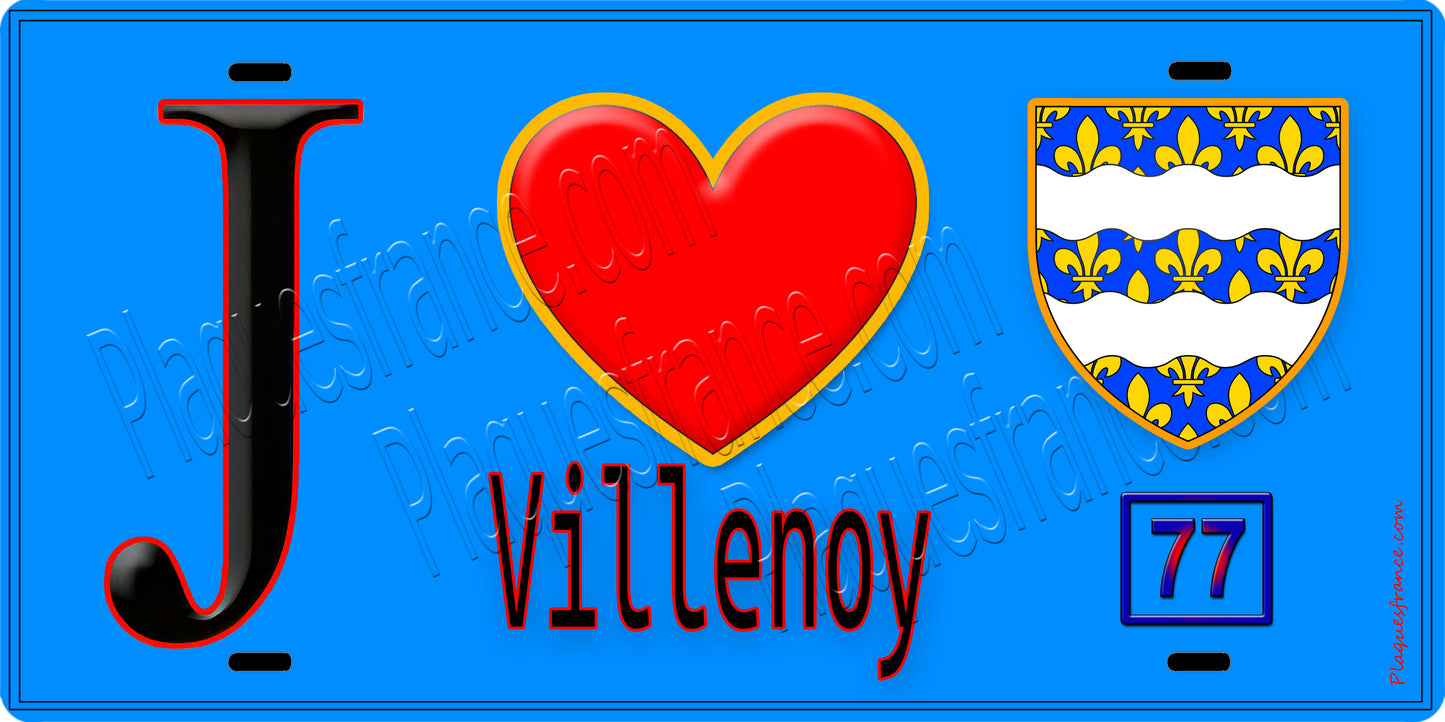 Plaque métal décorative J' ❤️Villenoy, Seine et Marne (77) fond bleu
