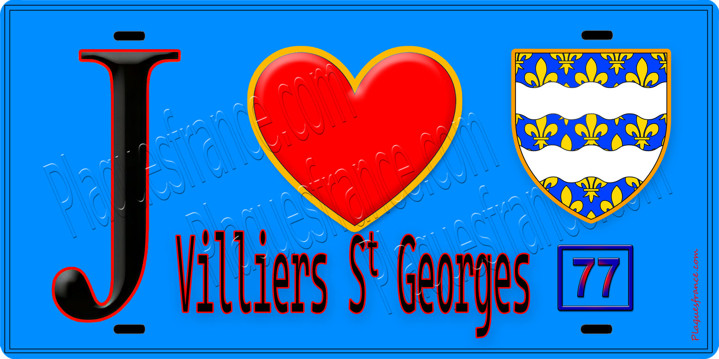 Plaque métal décorative J' ❤️Villiers-Saint-Georges, Seine et Marne (77) fond bleu