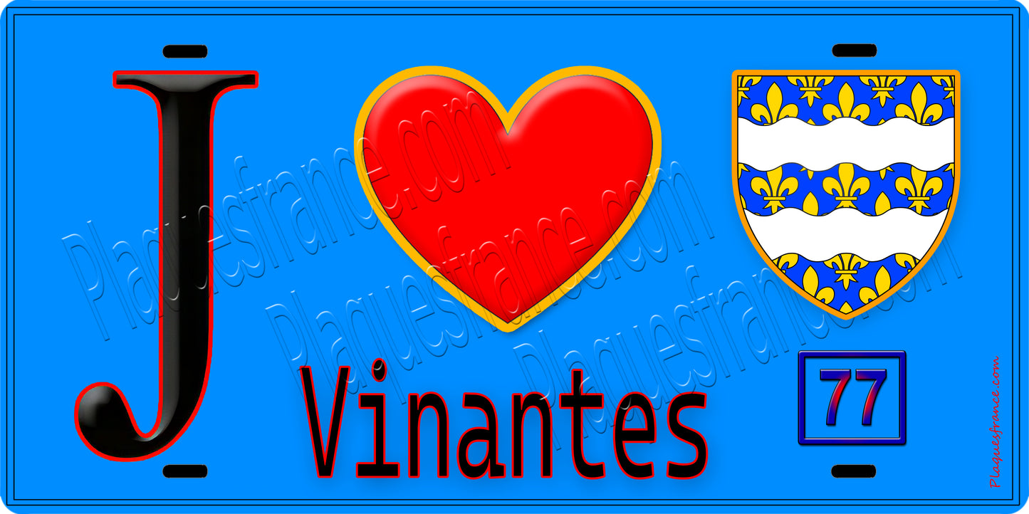 Plaque métal décorative J' ❤️Vinantes, Seine et Marne (77) fond bleu