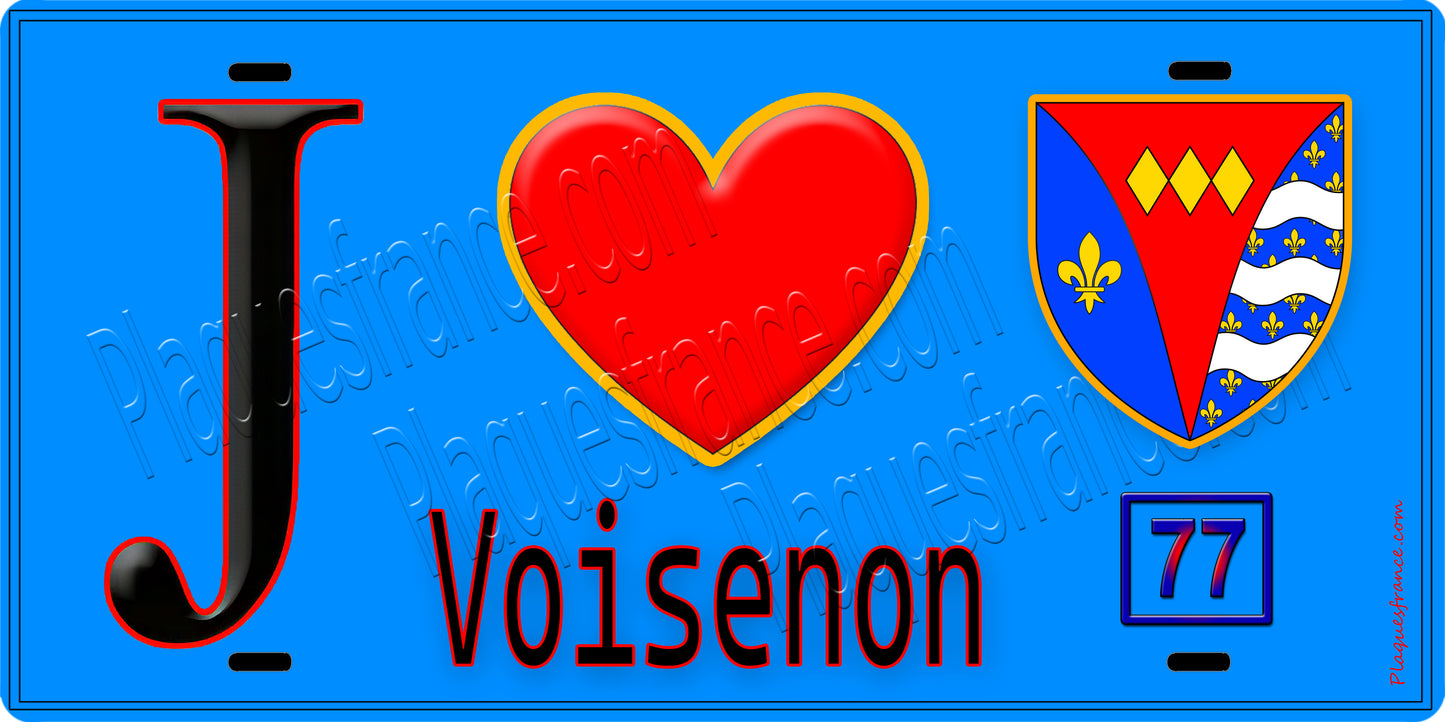 Plaque métal décorative J' ❤️Voisenon, Seine et Marne (77) fond bleu