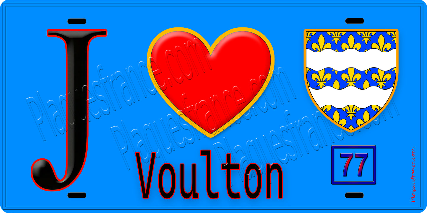 Plaque métal décorative J' ❤️Voulton, Seine et Marne (77) fond bleu