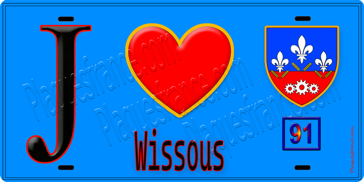 Plaque métal décorative J' ❤️Wissous, Essonne (91) fond bleu