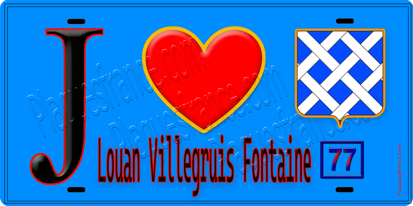 Plaque métal décorative J' ❤️Louan-Villegruis-Fontaine, Seine et Marne (77) fond bleu