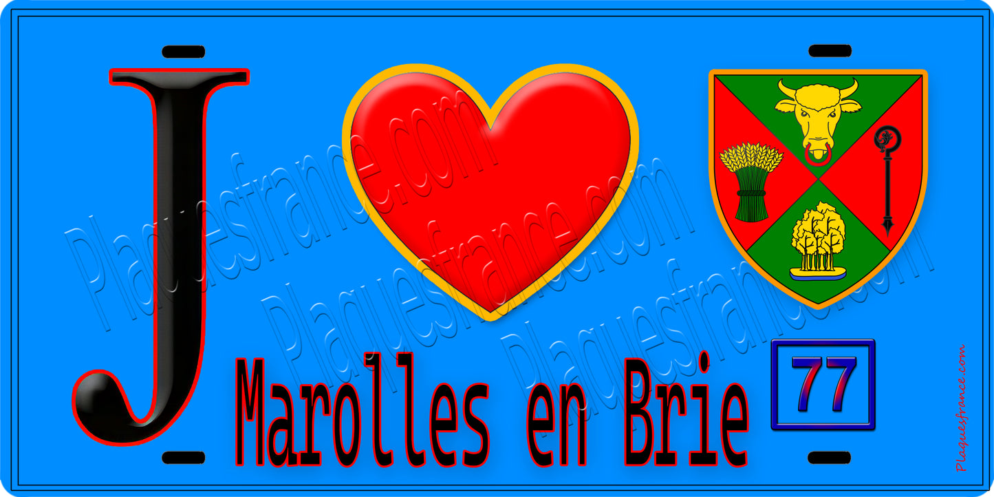 Plaque métal décorative J' ❤️Marolles-en-Brie, Seine et Marne (77) fond bleu