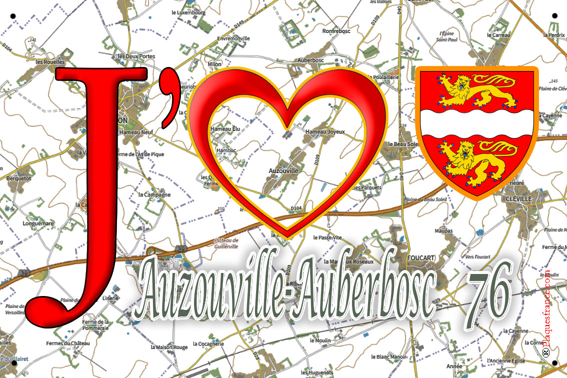 Plaque métal décorative 20 cm X 30 cm J' ❤️ Auzouville-Auberbosc, Seine Maritime (76)