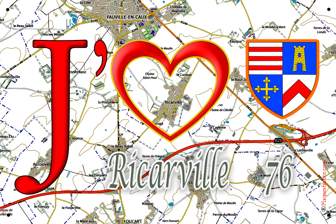 Plaque métal décorative 20 cm x 30 cm J' ❤️ Ricarville, Seine Maritime (76)