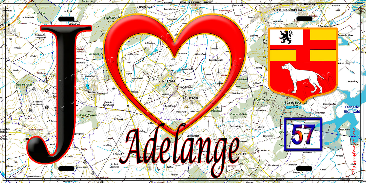 Plaque métal décorative, J'❤️ Adelange, Moselle (57) fond carte