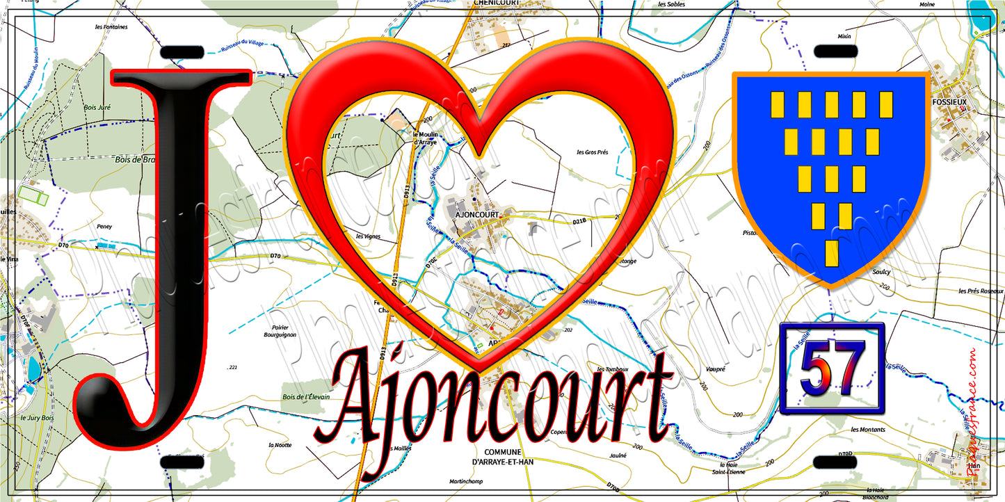Plaque métal décorative J'❤️ Ajoncourt, fond carte