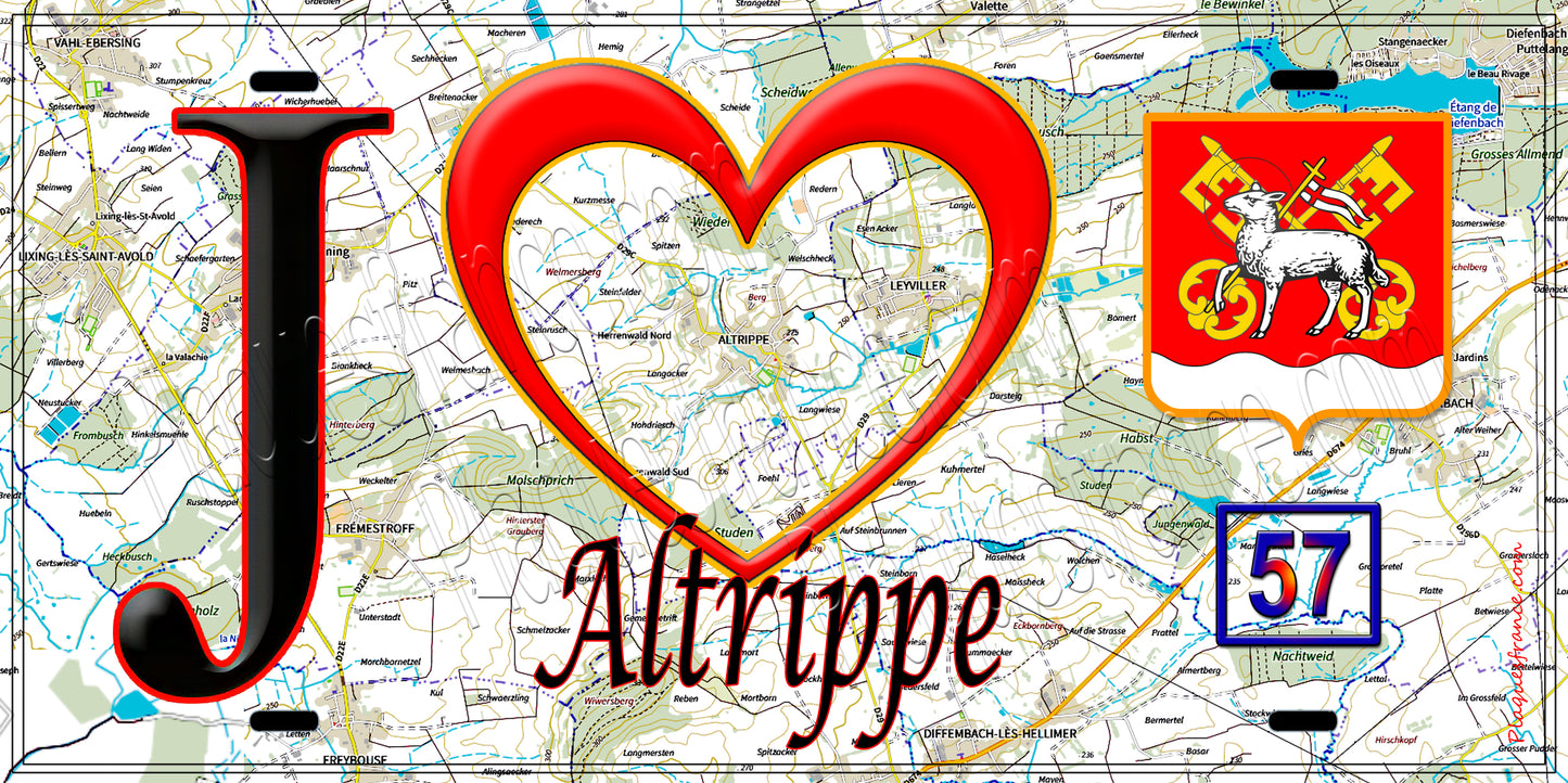 Plaque métal décorative, J'❤️Altrippe, Moselle (57) fond carte