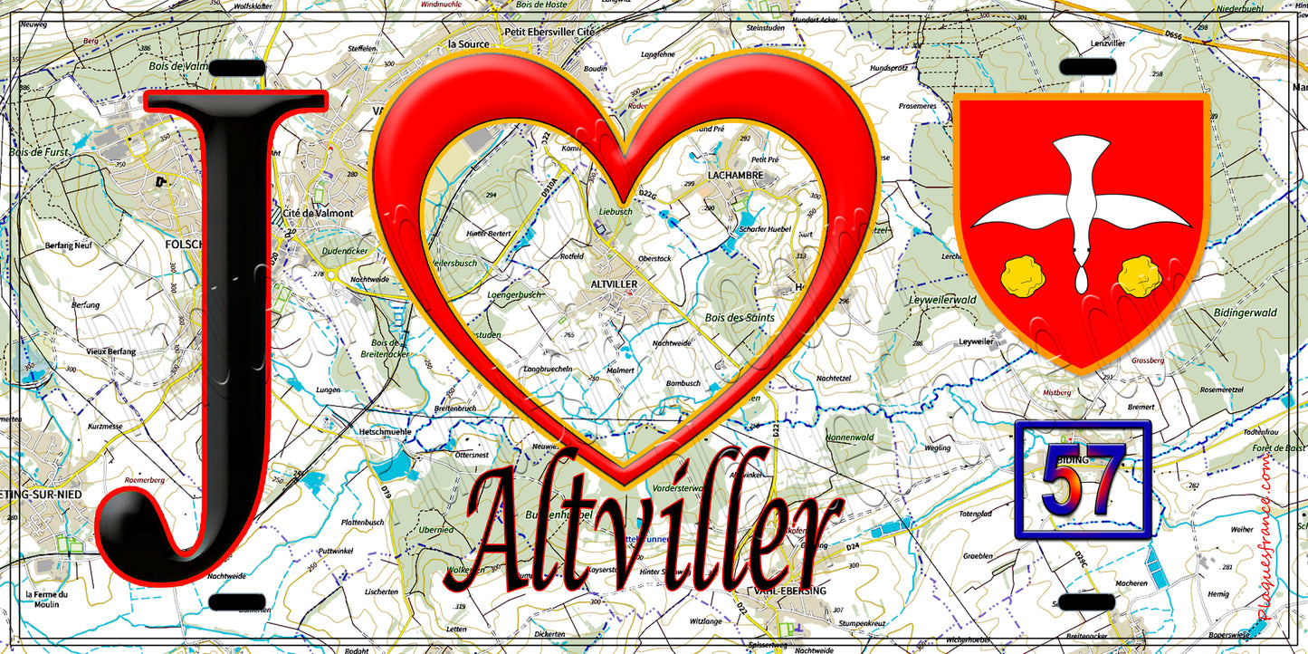 Plaque métal décorative, J'❤️Altviller, Moselle (57) fond carte