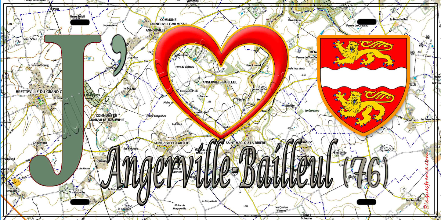 Plaque métal décorative 15X30 J' ❤️ Angerville-Bailleul, Seine Maritime (76) géo