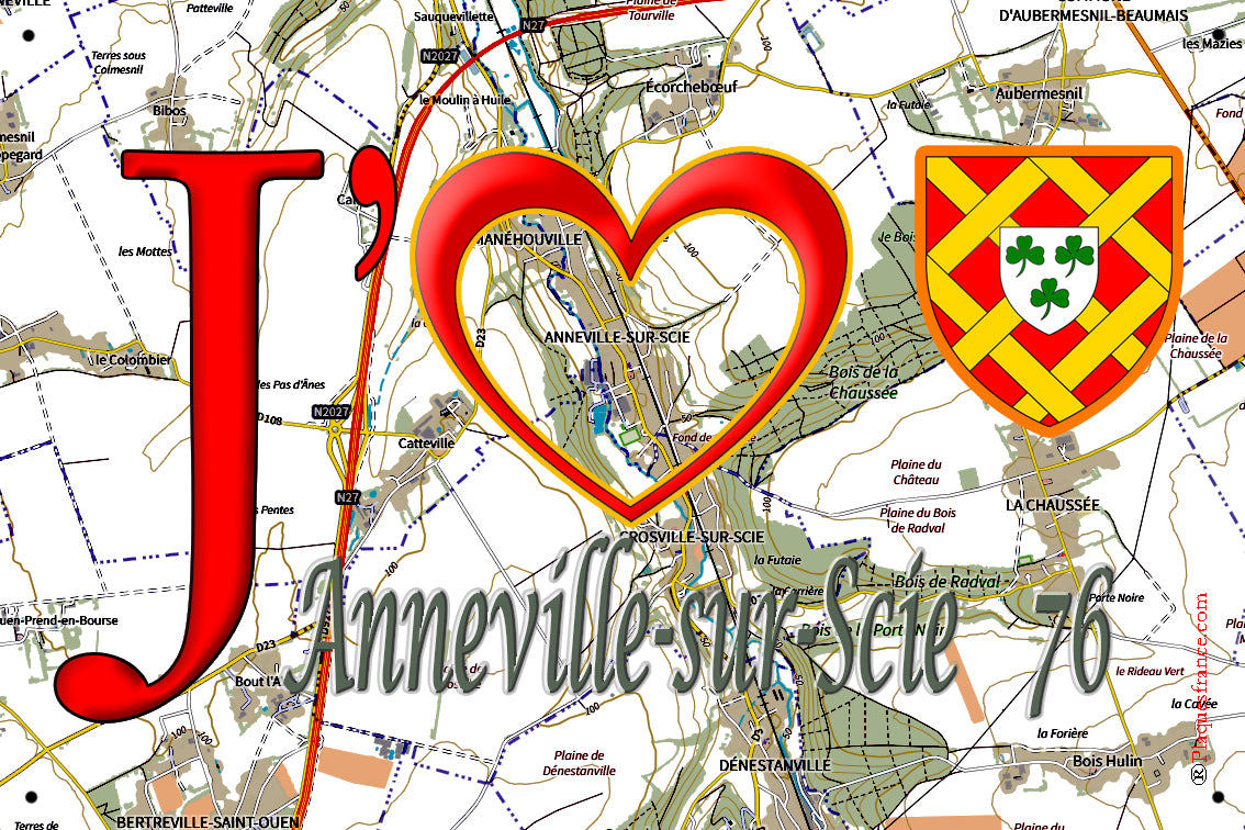 Plaque métal décorative 20 cm x 30 cm J' ❤️ Anneville-sur-Scie, Seine Maritime (76)