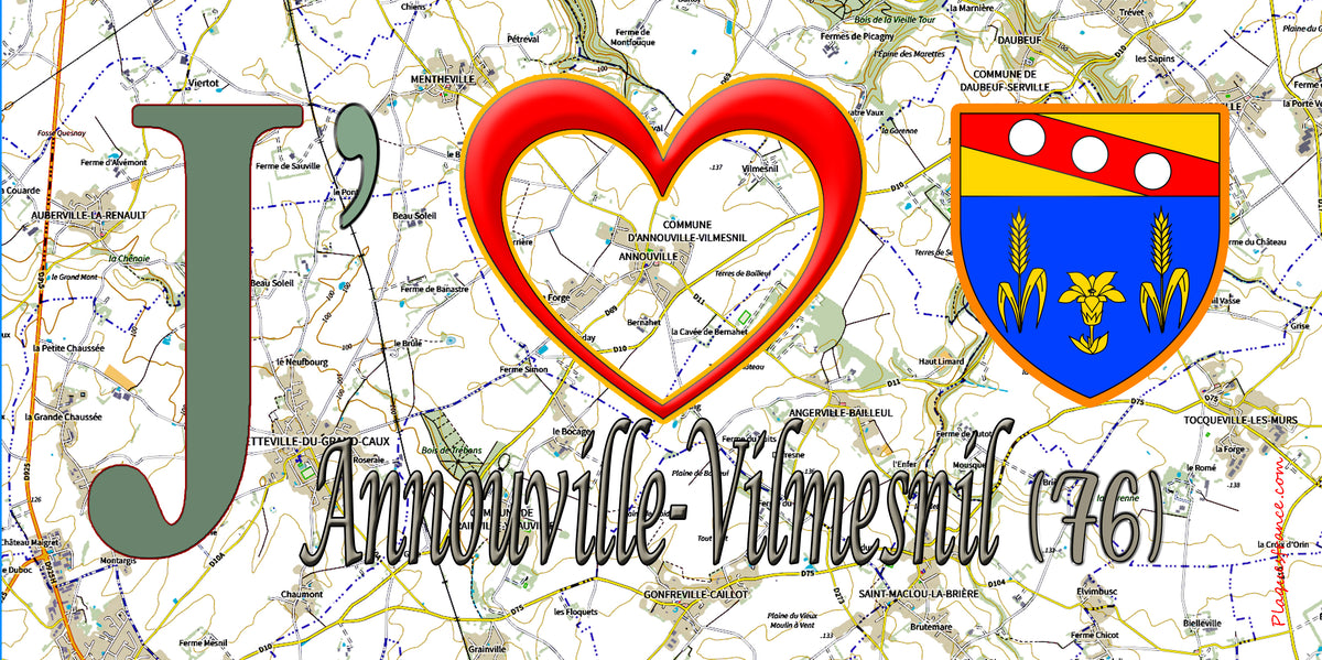 Plaque métal décorative 15X30 J' ❤️ Annouville-Vilmesnil, Seine Maritime (76) géo