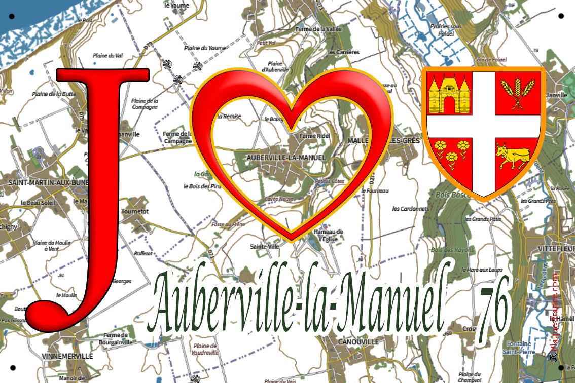 Plaque métal décorative 20 cm x 30 cm J' ❤️ Auberville-la-Manuel, Seine Maritime (76)