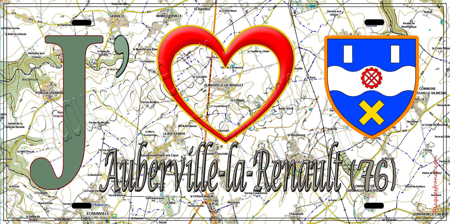Plaque métal décorative 15X30 J' ❤️ Auberville-la-Renault, Seine Maritime (76) géo