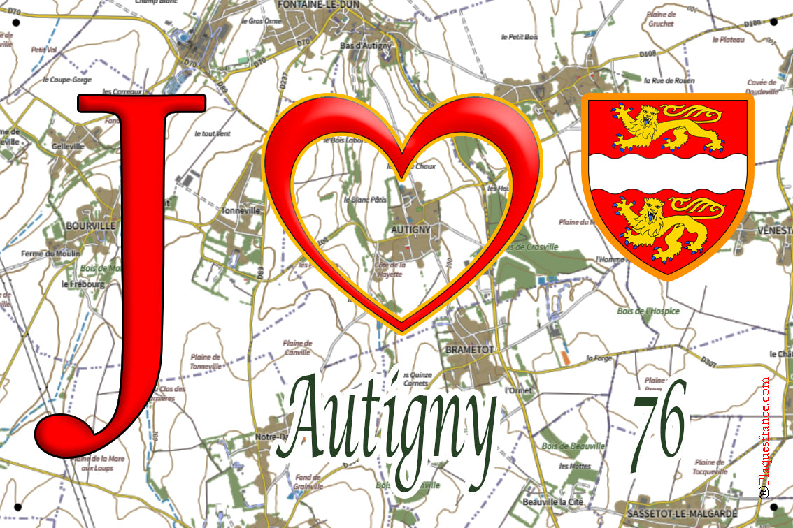 Plaque métal décorative 20 cm x 30 cm J' ❤️ Autigny, Seine Maritime (76)