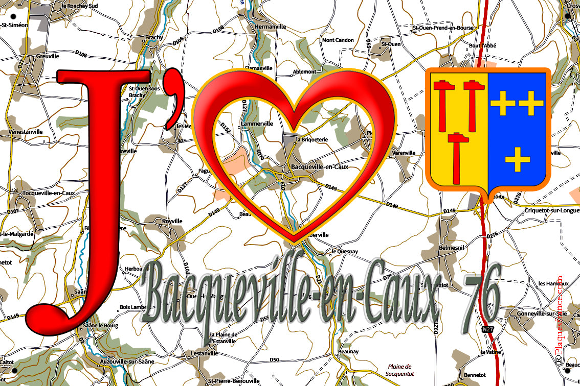 Plaque métal décorative 20 cm x 30 cm J' ❤️ Bacqueville-en-Caux, Seine Maritime (76)
