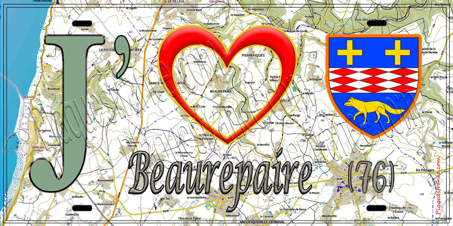 Plaque métal décorative 15X30 J' ❤️ Beaurepairel, Seine Maritime (76)