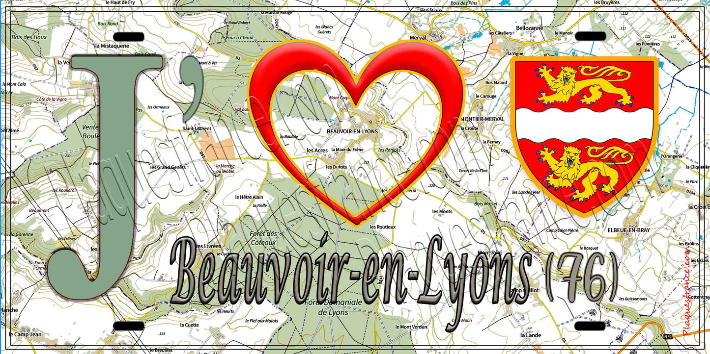 Plaque métal décorative 15X30 J' ❤️ Beauvoir-en-Lyons, Seine Maritime (76) géo