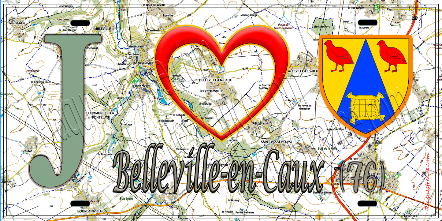 Plaque métal décorative 15x30 J' ❤️ Belleville-en-Caux, Seine Maritime (76) géo