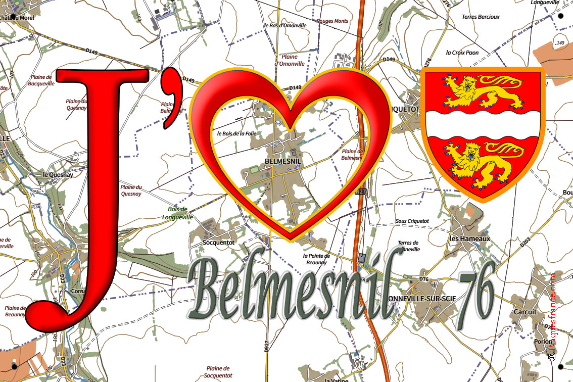 Plaque métal décorative 20 cm x 30 cm J' ❤️ Belmesnil, Seine Maritime (76)