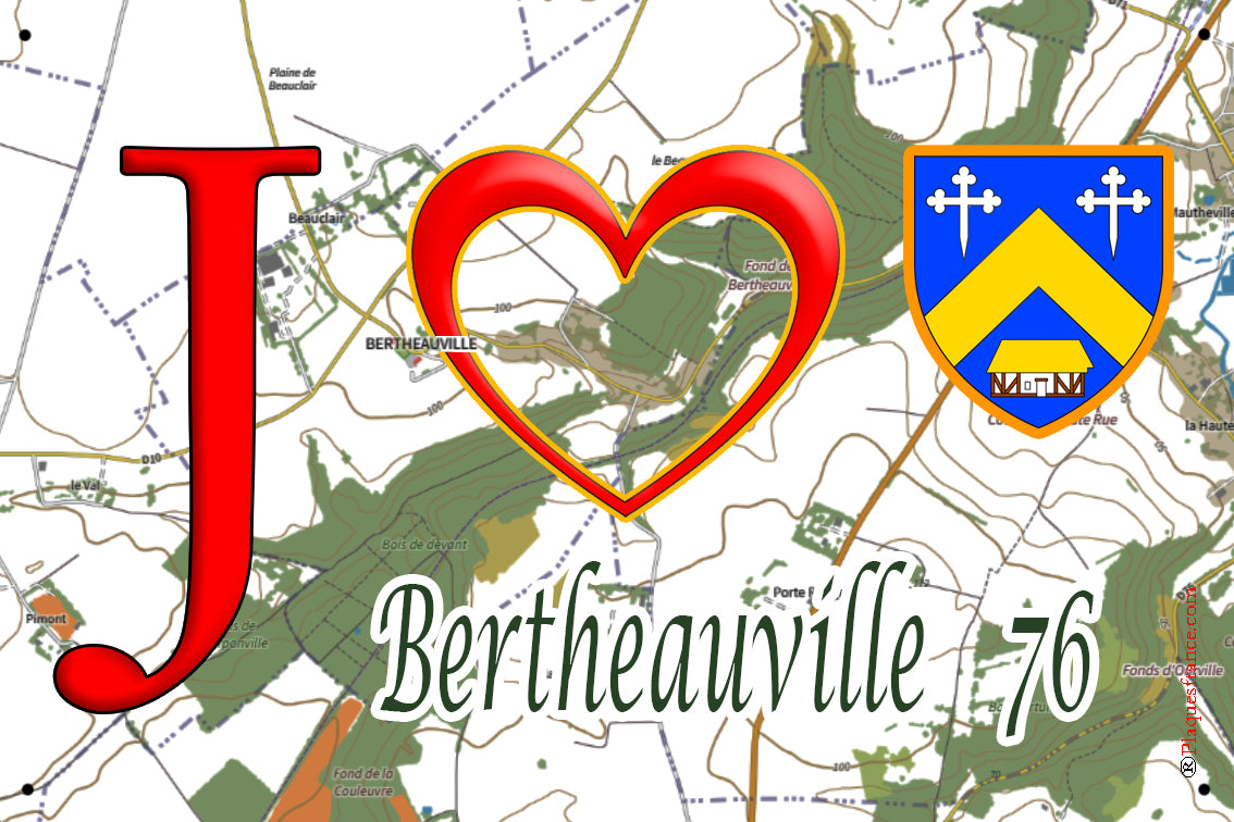 Plaque métal décorative 20 cm X 30 cm J' ❤️ Bertheauville, Seine Maritime (76)