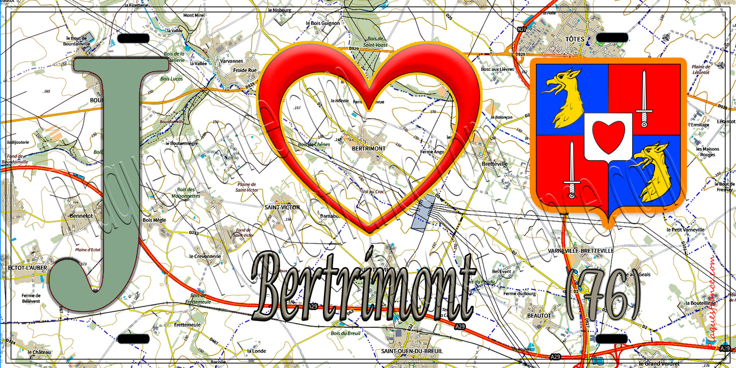 Plaque métal décorative 15x30 J' ❤️ Bertrimont, Seine Maritime (76) géo