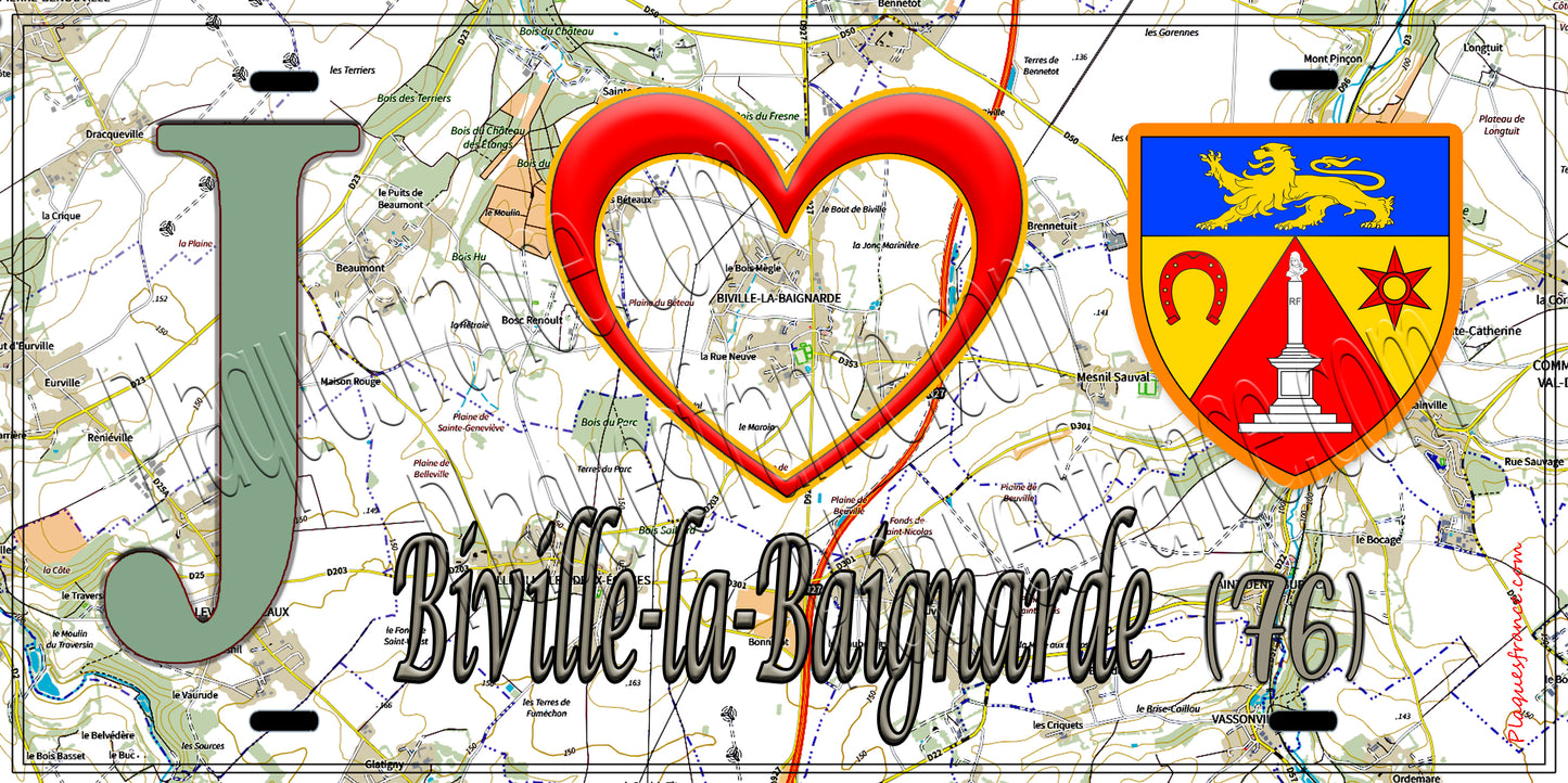 Plaque métal décorative 15x30 J' ❤️ Biville-la-Baignarde, Seine Maritime (76) géo