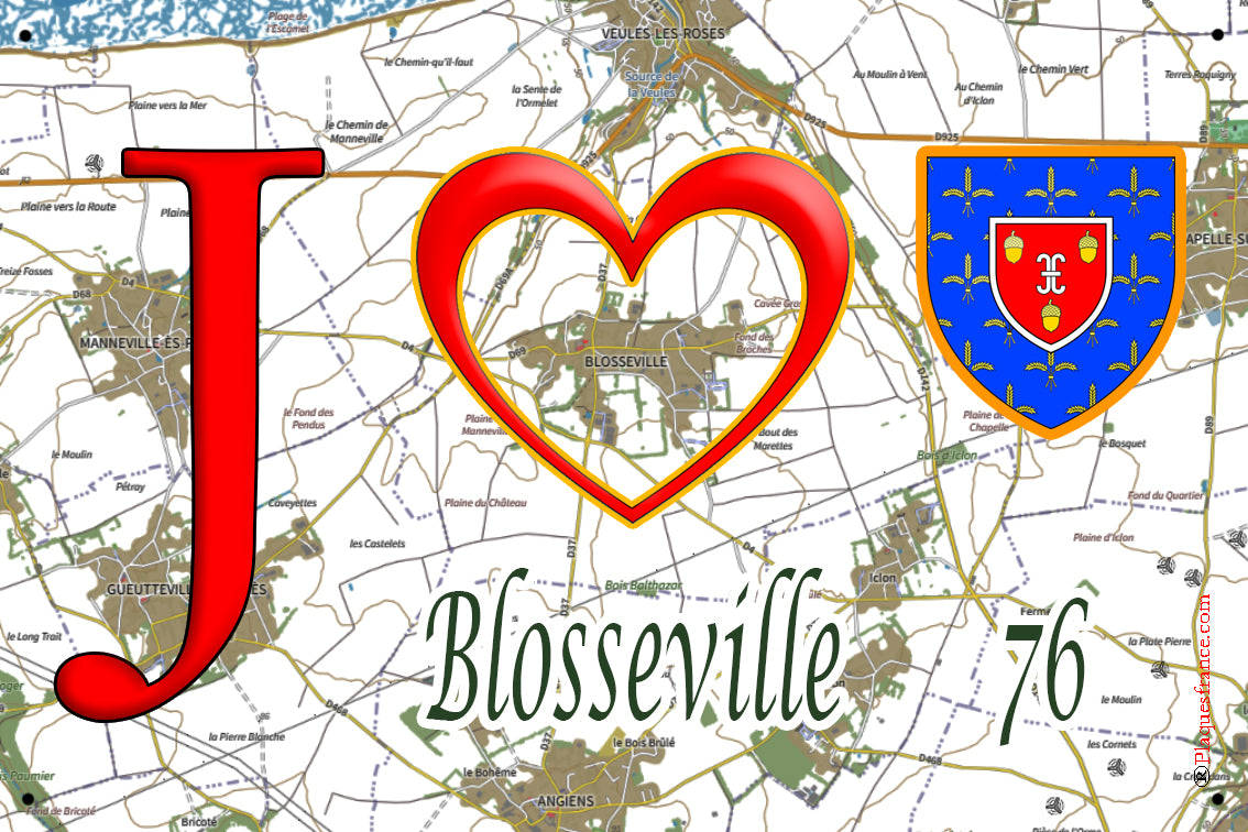 Plaque métal décorative 20 cm x 30 cm J' ❤️ Blosseville, Seine Maritime (76)