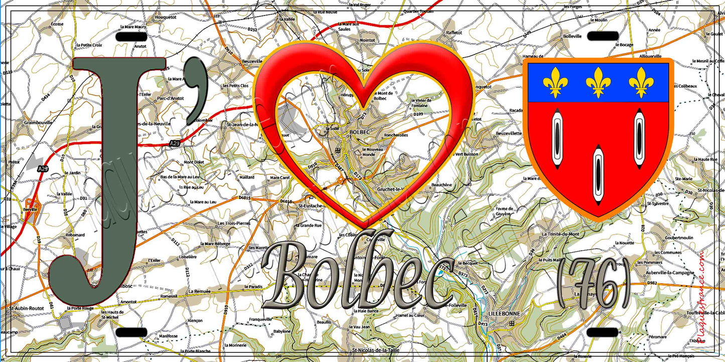 Plaque métal décorative 15X30 J' ❤️ Bolbec, Seine Maritime (76) géo