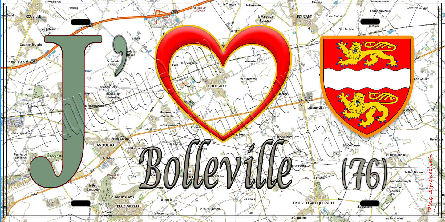 Plaque métal décorative 15X30 J' ❤️ Bolleville, Seine Maritime (76) geo