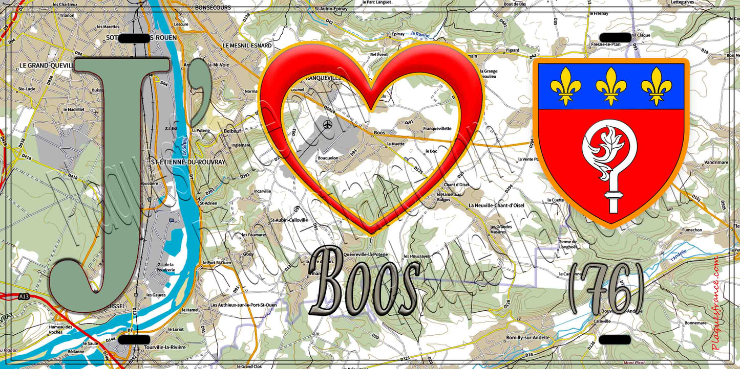 Plaque métal décorative 15X30 J' ❤️ Boos, Seine Maritime (76)