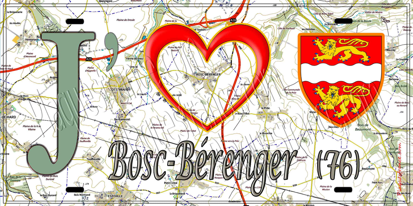 Plaque métal décorative 15X30 J' ❤️ Bosc-Bérenger, Seine Maritime (76) géo