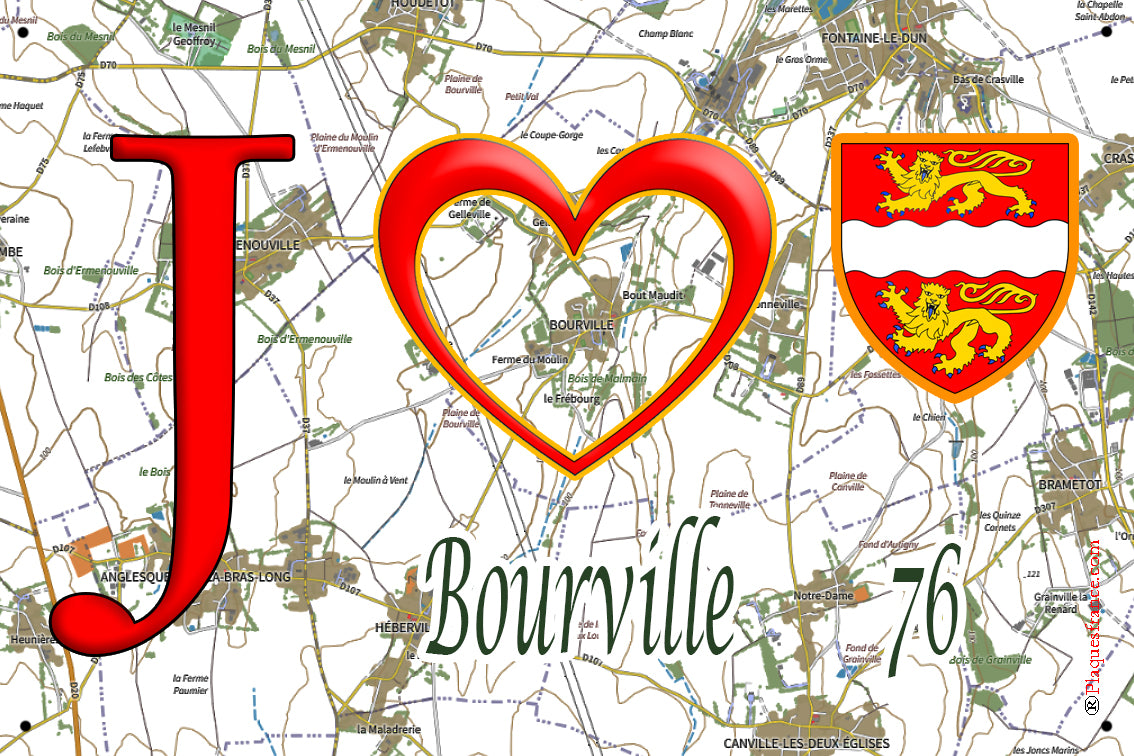 Plaque métal décorative 20 cm x 30 cm J' ❤️ Bourville, Seine Maritime (76)