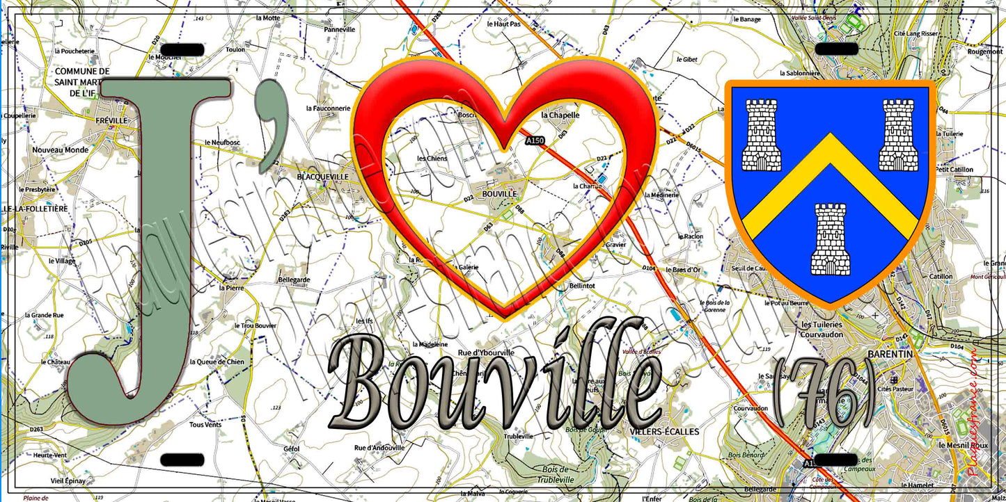 Plaque métal décorative 15X30 J' ❤️ Bouville, Seine Maritime (76) géo
