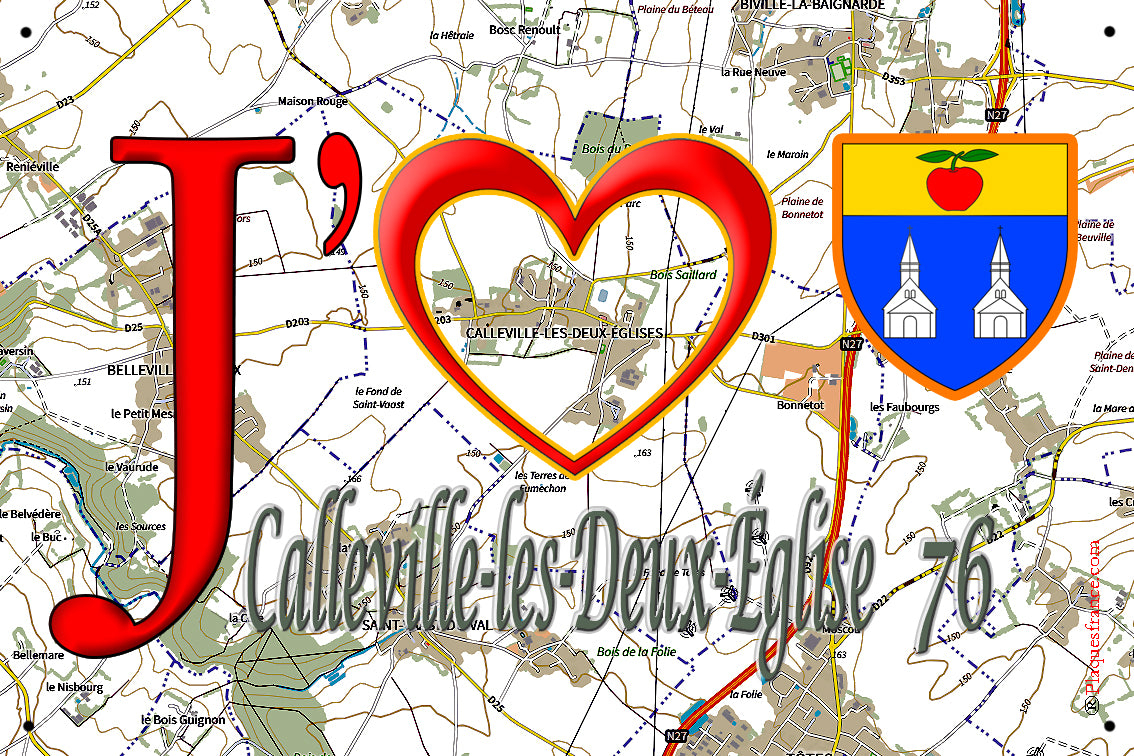 Plaque métal décorative 20 cm x 30 cm J' ❤️ Calleville-les-Deux-Églises, Seine Maritime (76)