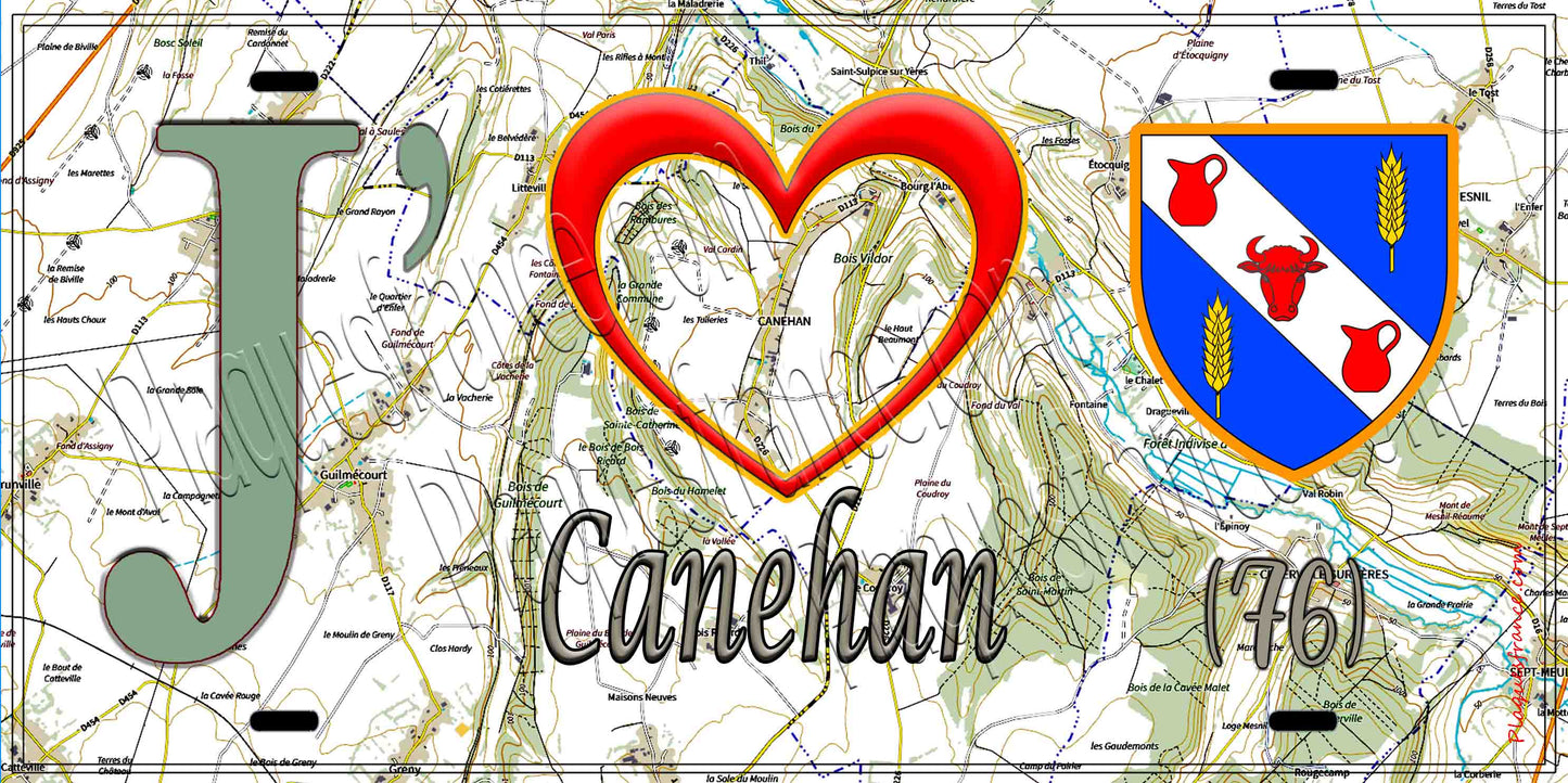 Plaque métal décorative 15X30 J' ❤️ Canehan, Seine Maritime (76) geo