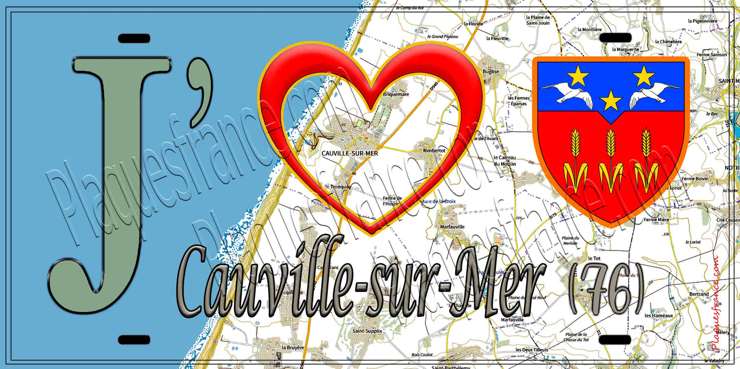 Plaque métal décorative 15X30 J' ❤️ Cauville-sur-Mer, Seine Maritime (76) géo