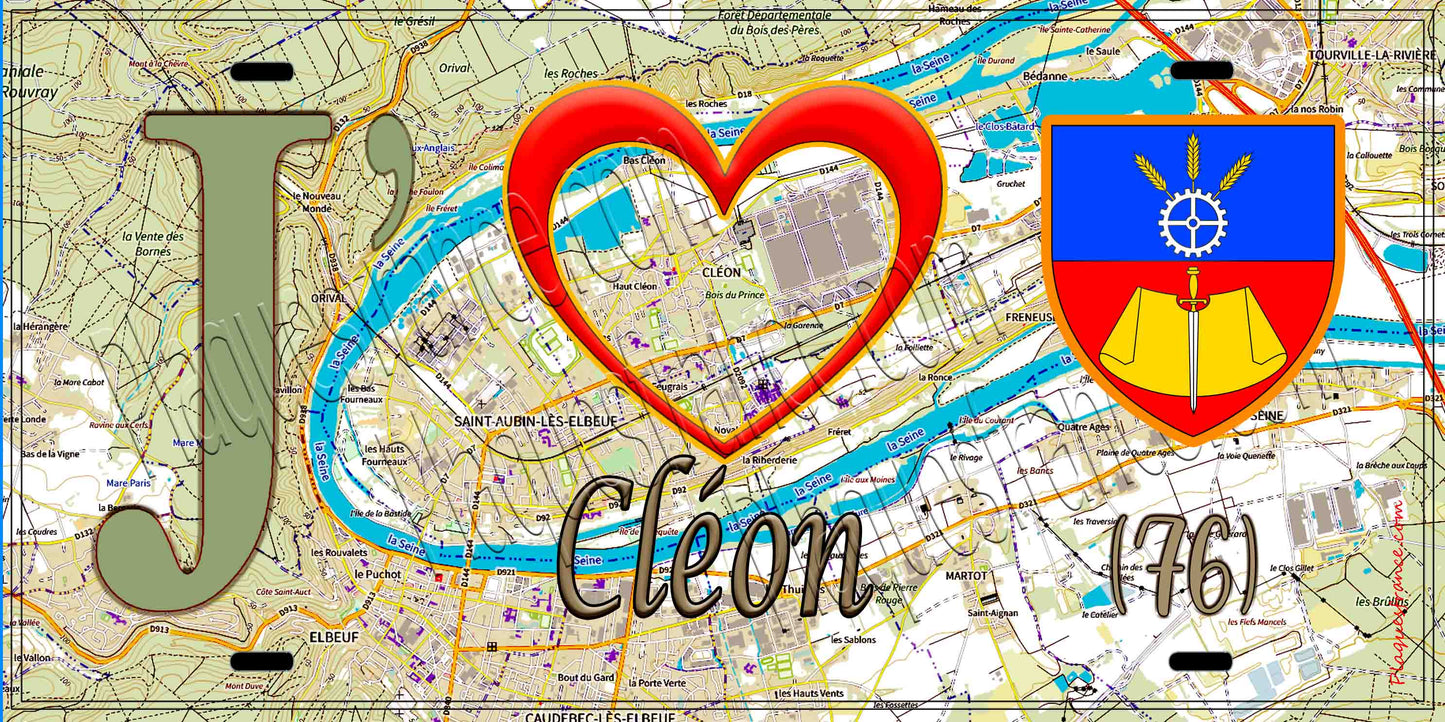 Plaque métal décorative 15X30 J' ❤️ Cléon, Seine Maritime (76) géo