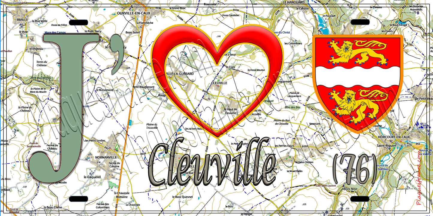 Plaque métal décorative 15X30 J' ❤️ Cleuville, Seine Maritime (76) géo