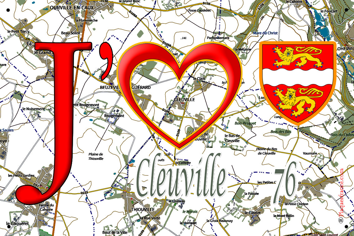 Plaque métal décorative 20 cm x 30 cm J' ❤️ Cleuville, Seine Maritime (76)